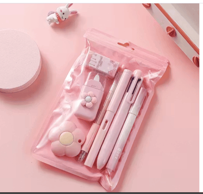 7 Pcs Cute Stationery Set – Ballpoint Pens, Pencil Sharpener, Highlighter, Correction Tape, Ruler & Utility Knife (Kawaii School & Office Supplies)