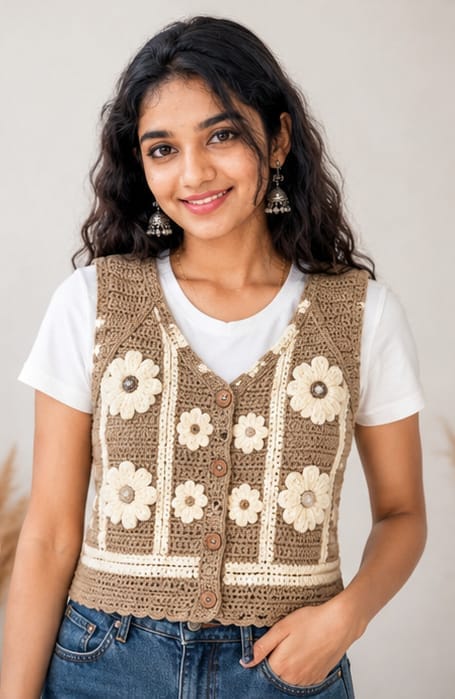 Boho Floral Crochet Button-Vest Top