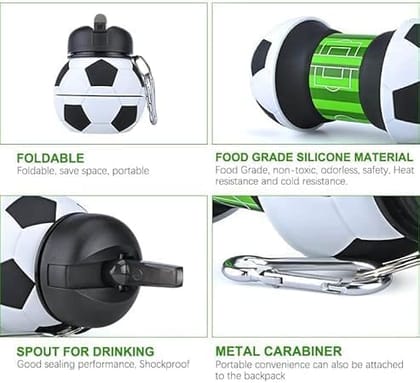 Foldable Football Silicone Water Bottle with Carabiner - 550ml
