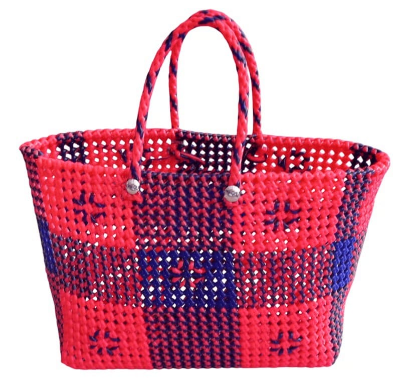 Small Handwoven Market Tote Bag with Red and Blue Checkered Pattern