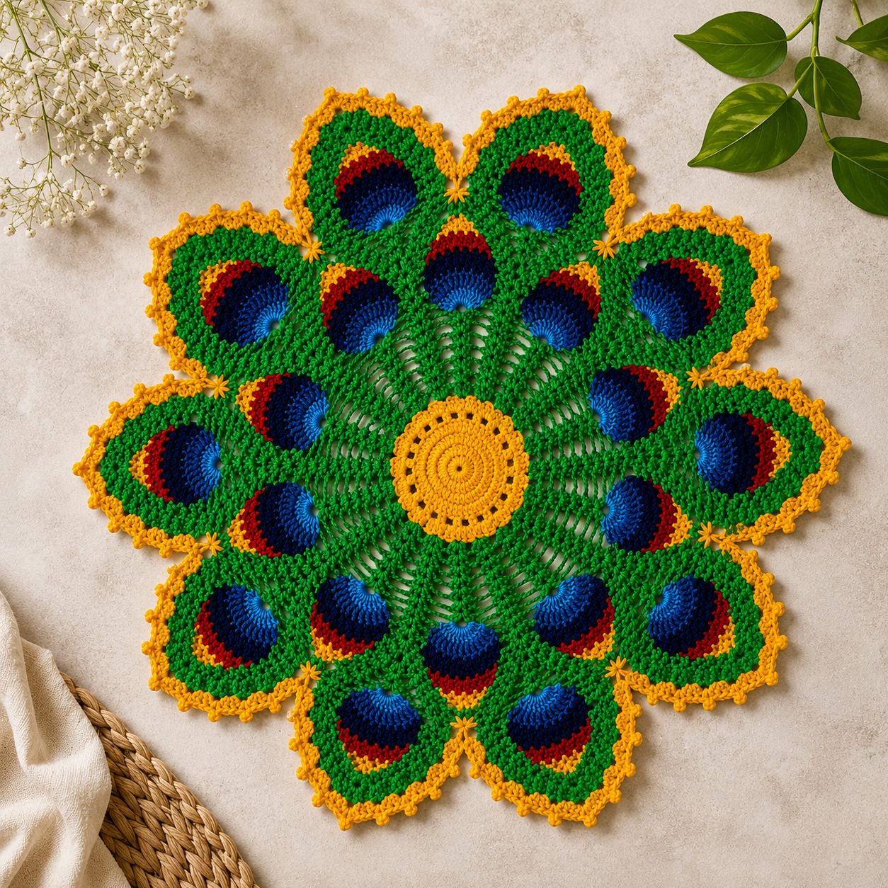 Aai's Handmade Peacock Crochet Table Mat - (Premium Edition - 24x24 Inches, Item Code - SN0001V1)