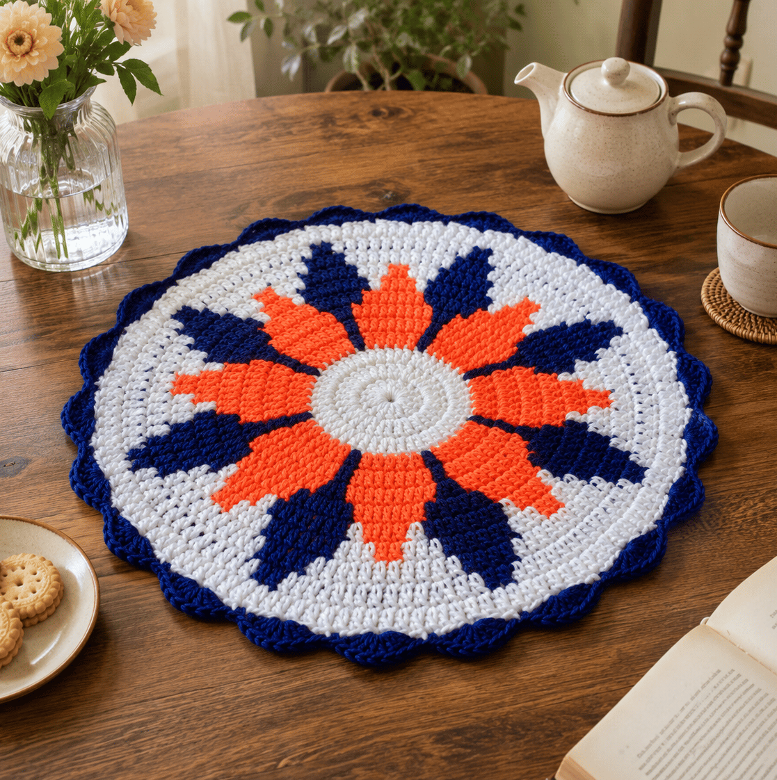 Aai's Handmade Sunburst Crochet Table Mat/Doily (Creative Edition - 11×11 Inches, Item Code - SN0005V1)