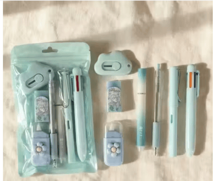 7 Pcs Cute Stationery Set for Girls – Aesthetic School Supplies Kit (Blue)