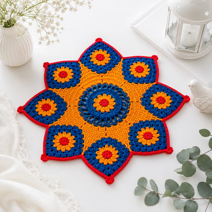 Aai's Handmade Shining Star Mandala Crochet Table Mat (Creative Edition - 14x14 inches, Item Code - SN0002V1) Aai's Handmade Shining Star Mandala Crochet Table Mat (Creative Edition - 14x14 inches, Item Code - SN0002V1)