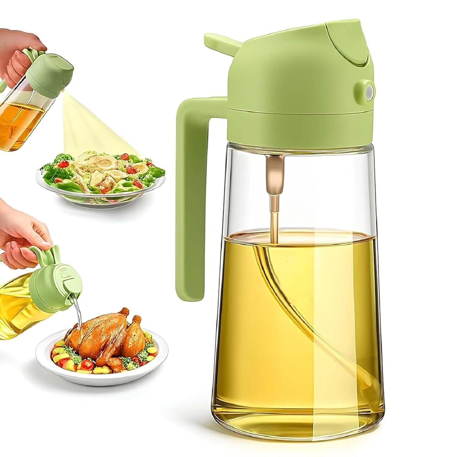 Oil Spray Bottle for Cooking, Premium Glass 2 in 1 Oil Dispenser for Kitchen, Food Grade Oil Sprayer Containers with Nozzle, Oil Bottle for Air Fryer, Roasting and Frying 500 ML