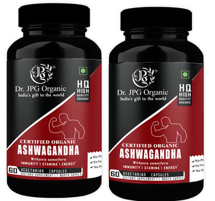 Dr. JPG Organic Ashwagandha Capsules for Energy, Stamina 60 Veg Capsules, Helps in Stress Relief for Men and Women, Withania Somnifera, INDIA ORGANIC Certified, Pack of 2