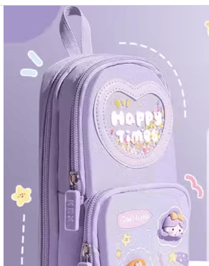 Kawaii Kids Pencil Pouch with Cartoon Eraser Pen Set – Cute Purple School Stationery Combo for Girls