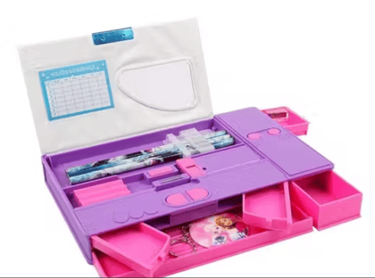 Unicorn Theme Plastic Jumbo Pencil Box – Double Sided with 6 Hidden Push Button Pockets, Magnetic Closure & Built-in Sharpener