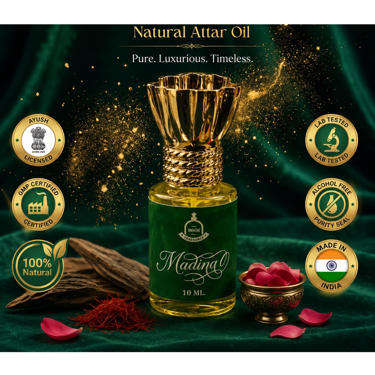 Elegantra Madina Pure Concentrated Attar (10ml) | Premium Long Lasting Non-Alcoholic Perfume Oil | Rose & Sandalwood Oriental Fragrance for Men & Women (Pack of 1)