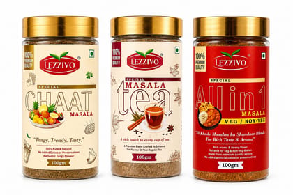 LEZZIVO Complete Kitchen Combo Pack (300g) | All In One Masala + Tea Masala + Chaat Masala | 3 Jars x 100g