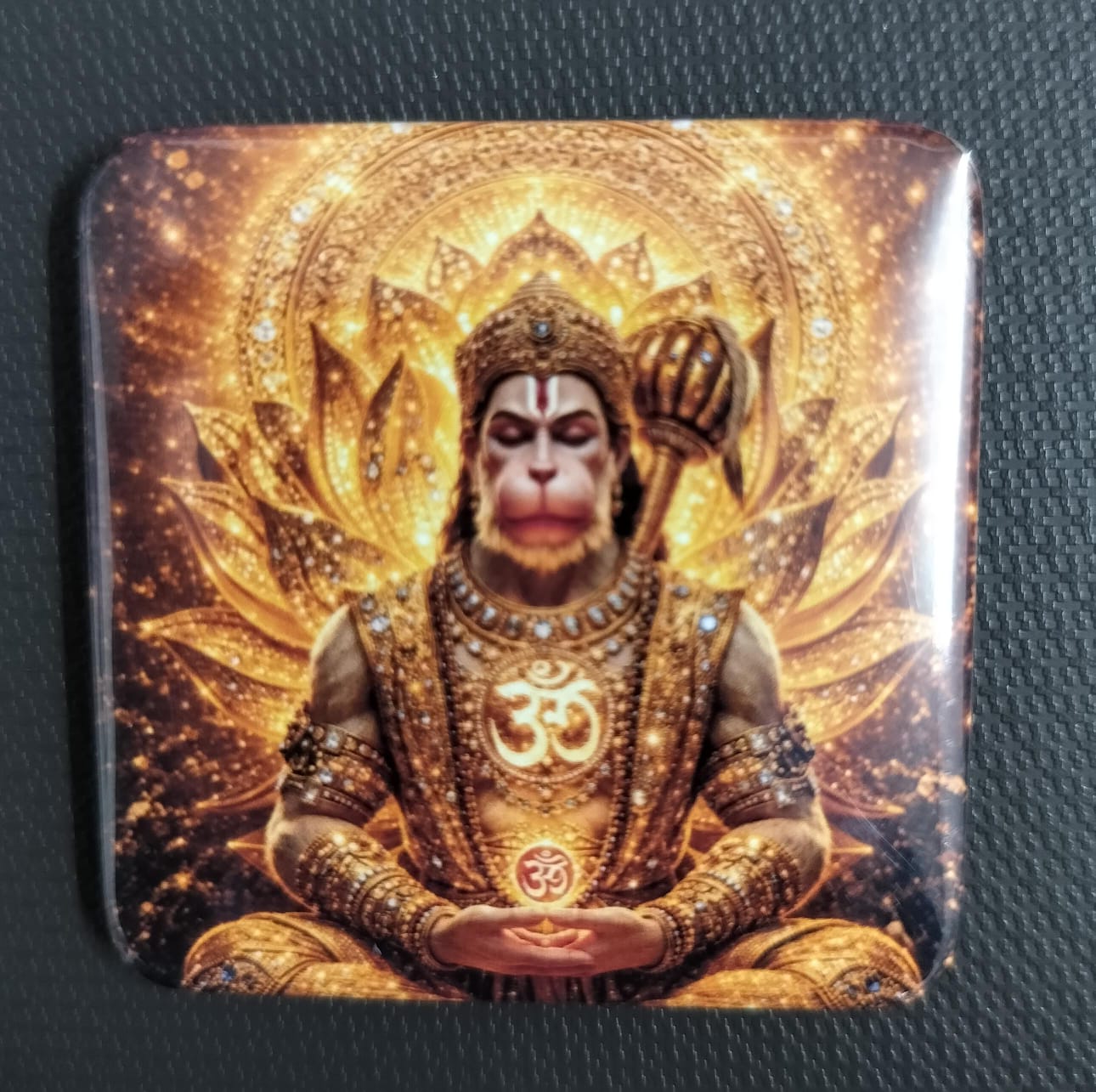 Divine Golden Hanuman Fridge Magnet with Gada and OM Symbol