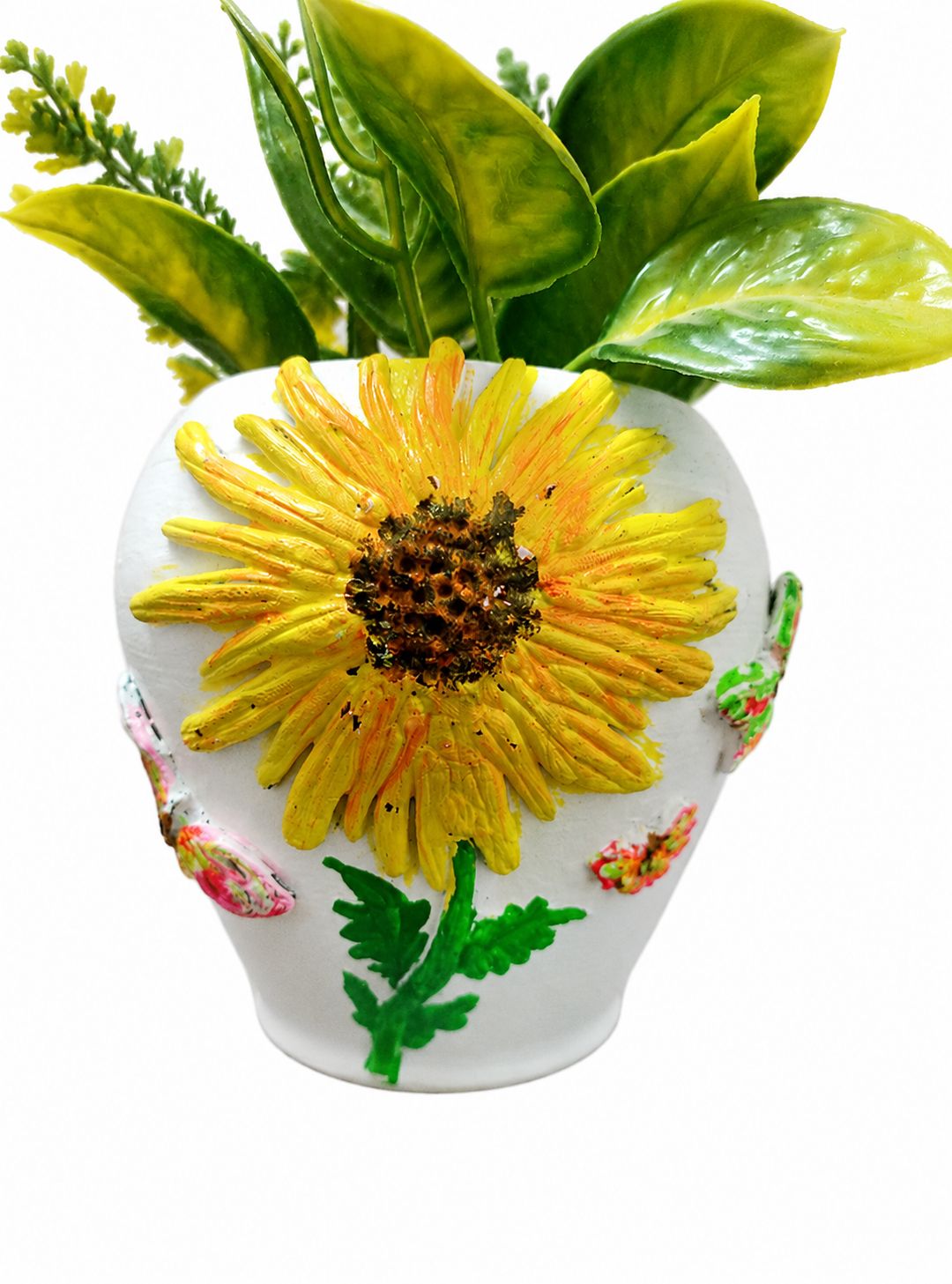 Handmade Clay Planter with Artificial Yellow Flowers and Butterfly Decor
