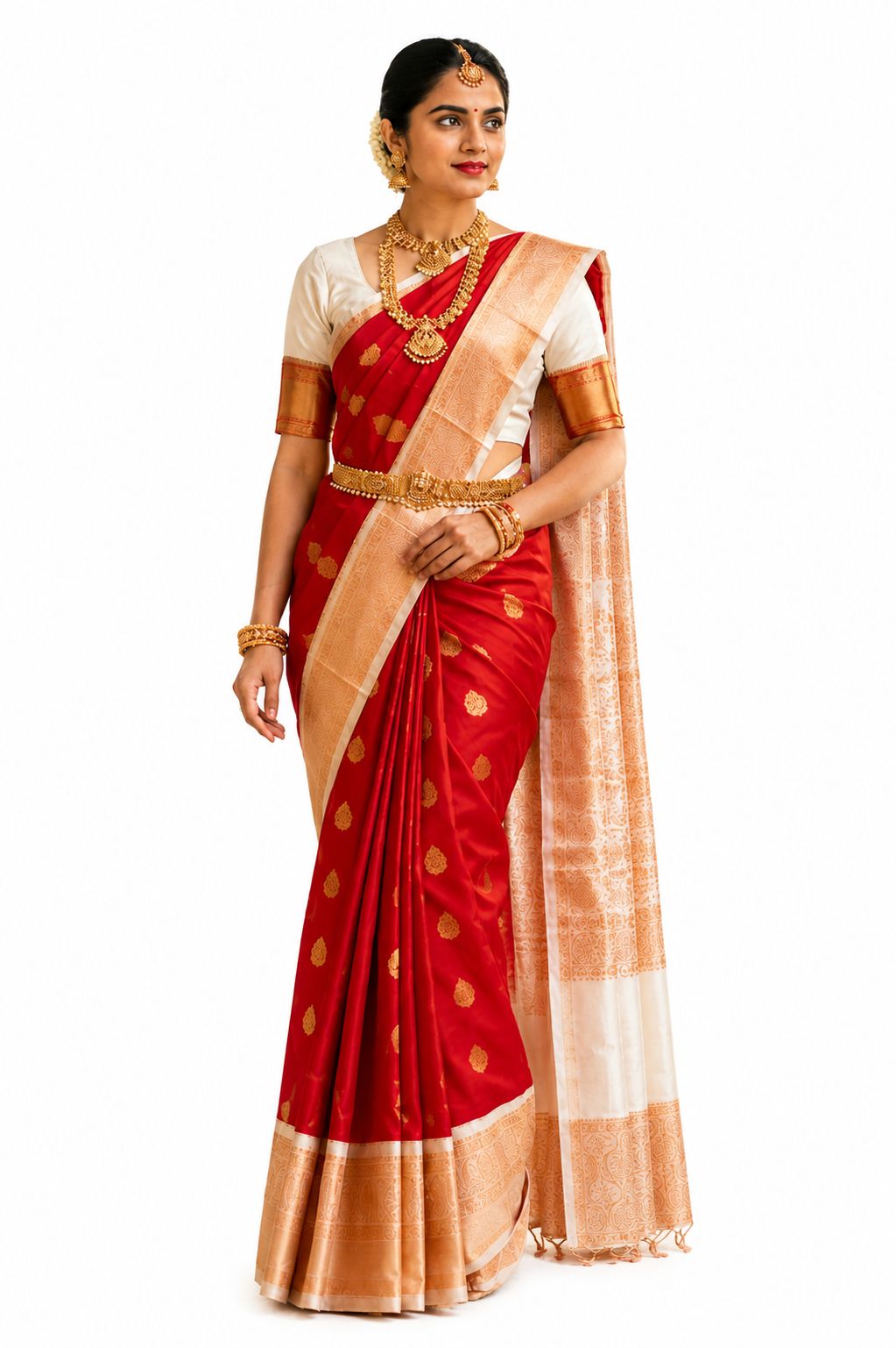 Women's Traditional Red & Cream Art Silk Saree
