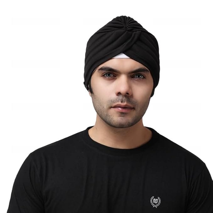 Men's Pre-Knotted Black Turban - Soft, Double-Layered, All-Season