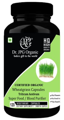 Dr. JPG Organic herbals wheatgrass capsules 120 veg/Natural Antioxidant/Immunity Booster/INDIA Organic Certified.(pack of 1)