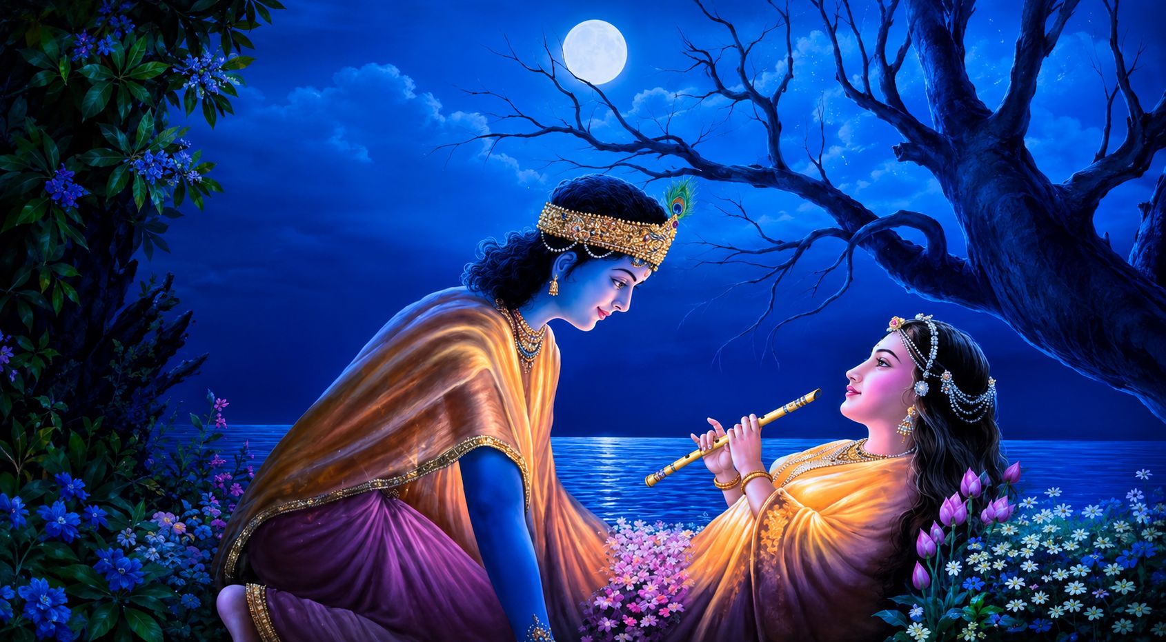 Radha Krishna Under Moonlight Ornate Wall Painting