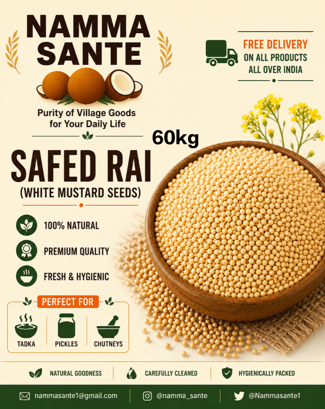 Safed Rai, White Mustard Seeds, Safed Sarson, White Rai Dana, Yellow Mustard Seeds 60kg