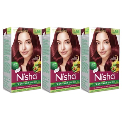 Nisha Creme Hair Color Burgundy 60g Pack of 3, Permanent Hair Colour, No Ammonia, 100% Grey Coverage