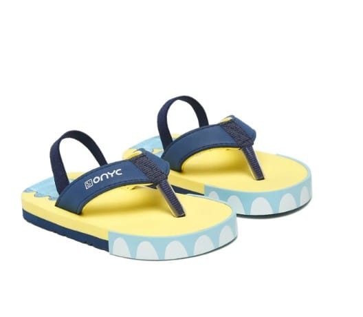 onyc Yellow and Navy Blue Dinosaur Print Baby Sandals with Backstrap