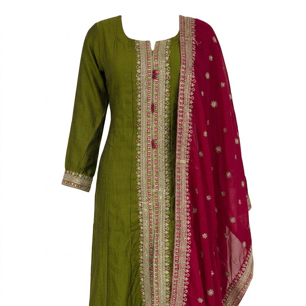 Women's Olive Green & Maroon Embroidered Silk Blend Salwar Suit with Dupatta