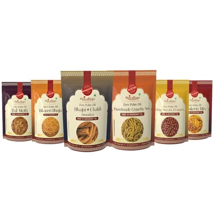 SpiceRaga | Bikaneri Bhujia, Dalmoth, Mix Namkeen, Hing Masala Peanuts, Bhajni Chi Chakli, Crunchy Sev (Pack of 6)| Made With Pure Groundnut Oil | No Palm Oil | No Trans Fat | Jain Indian Snacks Combo 