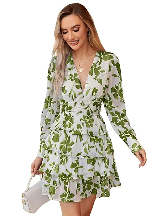 Women's V-Neck Green Floral Tiered Ruffle Long Sleeve Mini Dress