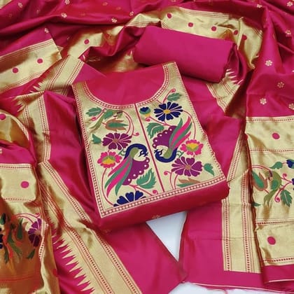 Women's Pink Cotton Unstitched Anarkali Suit Material with Peacock Motifs