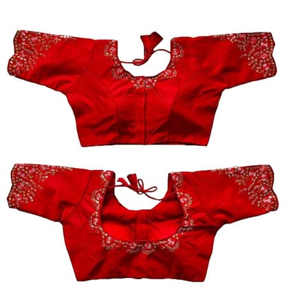 Women's Red Silk Blend Embroidered Blouse with Scalloped Sleeves Women's Red Silk Blend Embroidered Blouse with Scalloped Sleeves