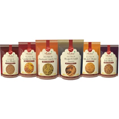 SpiceRaga | Bikaneri Bhujia, Dalmoth, Mix Namkeen, Crunchy Sev, Bhajni Chi Chakli, Aloo Bhujia(Pack of 6)| Made With Pure Groundnut Oil | No Palm Oil | No Trans Fat | Indian Snacks Combo | Total 920g 