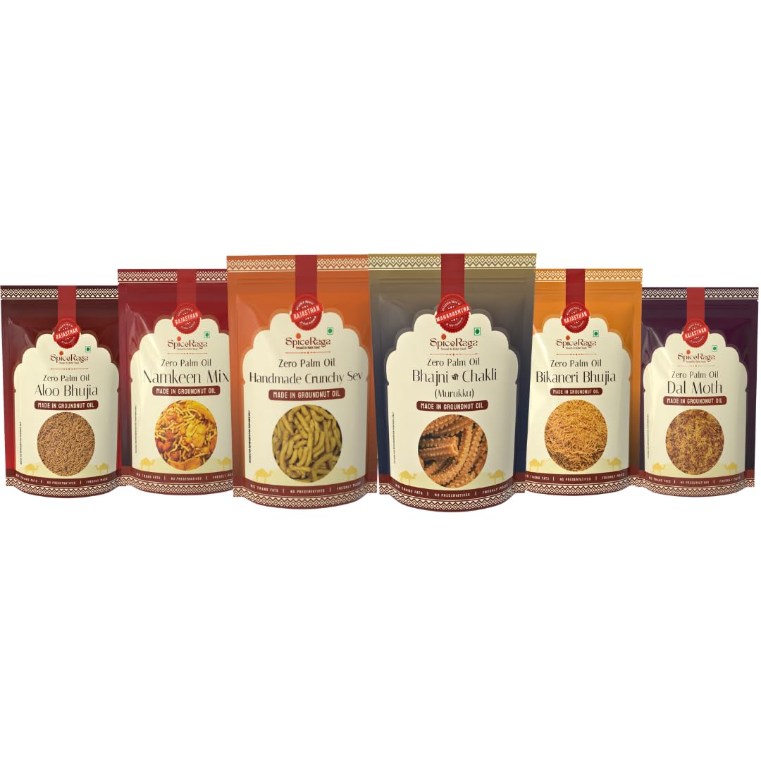 SpiceRaga | Bikaneri Bhujia, Dalmoth, Mix Namkeen, Crunchy Sev, Bhajni Chi Chakli, Aloo Bhujia(Pack of 6)| Made With Pure Groundnut Oil | No Palm Oil | No Trans Fat | Indian Snacks Combo | Total 920g 