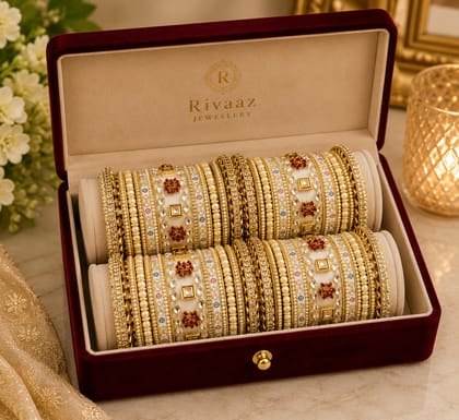 Traditional Gold-Toned Stone and Pearl Embellished Bangle Chura Set Traditional Gold-Toned Stone and Pearl Embellished Bangle Chura Set