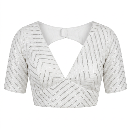 Pooja Mills Off White Georgette Sequined Chevron Blouse Pooja Mills Off White Georgette Sequined Chevron Blouse
