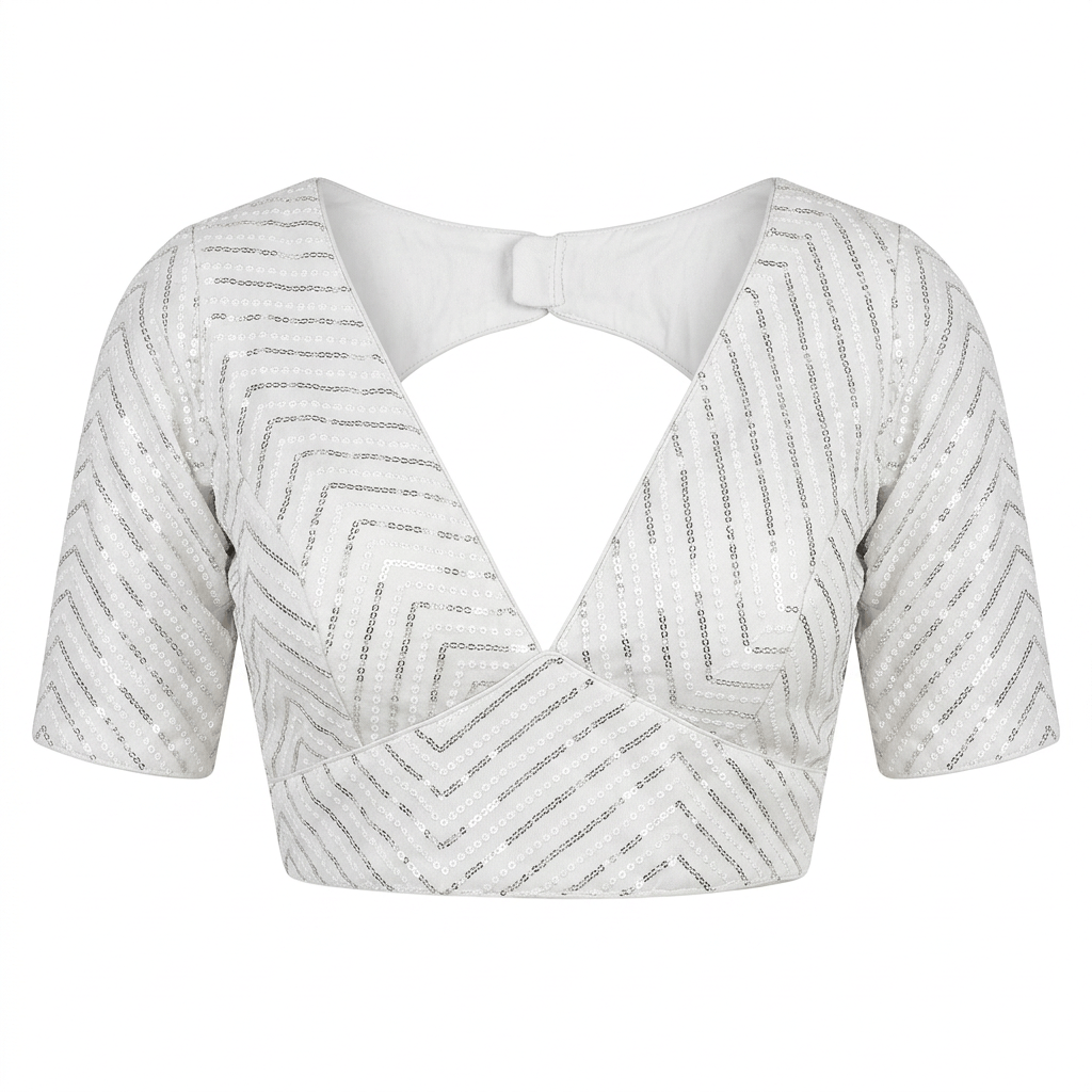 Pooja Mills Off White Georgette Sequined Chevron Blouse