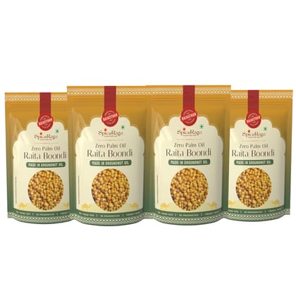 SpiceRaga Raita Boondi | 640g (Pack of 4, 160g Each) | No Palm Oil | Pure Groundnut Oil | No Trans Fat | Crunchy & Tasty | Healthy Namkeen | 100% Natural Ingredients |