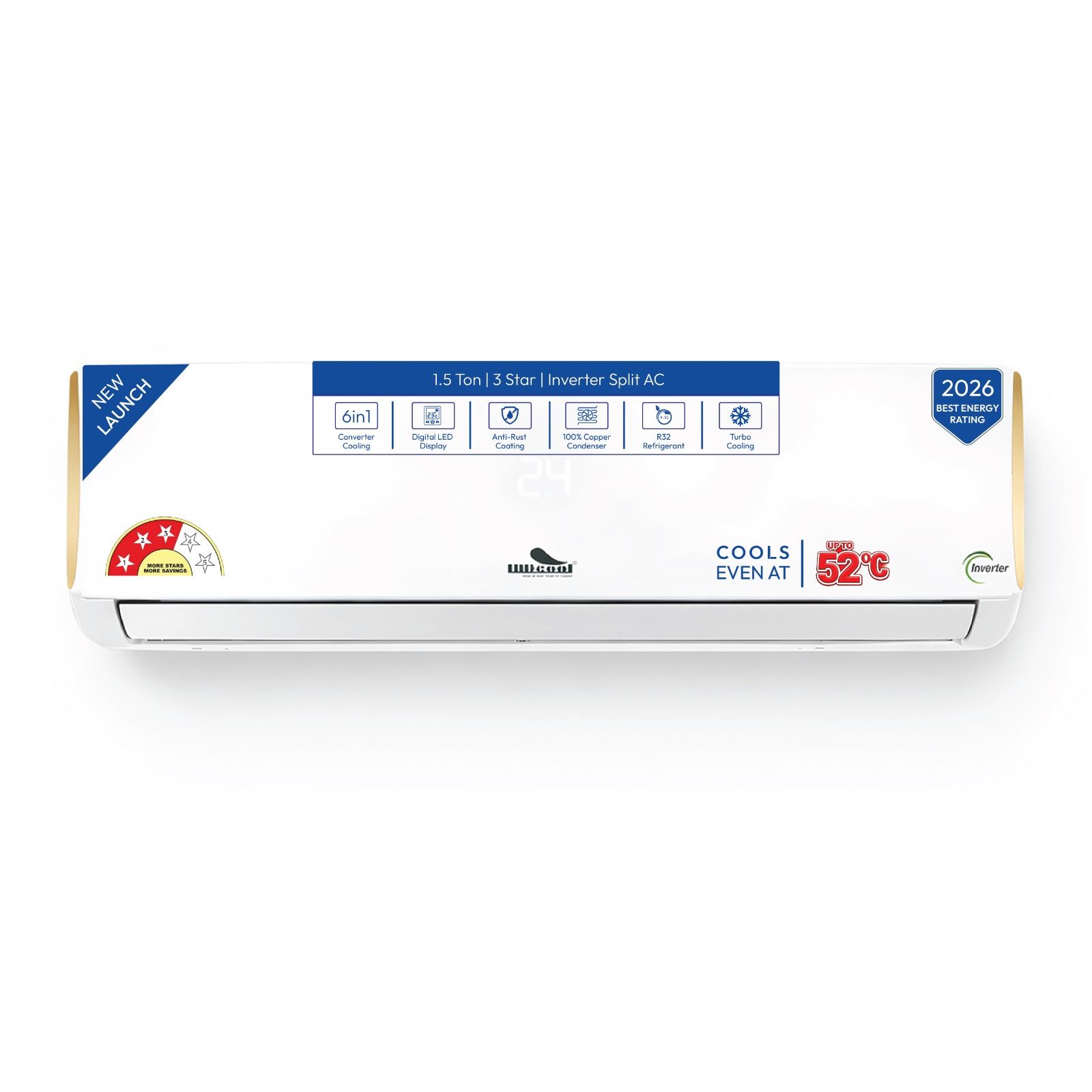 INDcool 1.5 Ton 3 Star Inverter Split AC | 6-in-1 Convertible Cooling | 100% Copper Condenser | Blue Fin Anti-Rust Coating | Turbo Cooling | Advanced Filtration | R32 Refrigerant | Stabilizer Free | Sleep Mode | IDCACBF18K3EF | 2026
