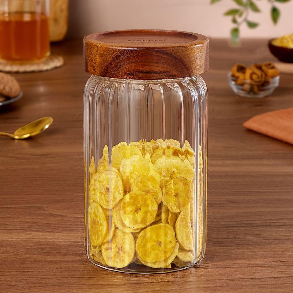 Borosil 1200 ml Linea Glass Jar with Acacia Wood Lid | Borosilicate Glass Storage Jar for Dry Fruits, Spices & Snacks | Airtight Glass Container for Kitchen & Pantry