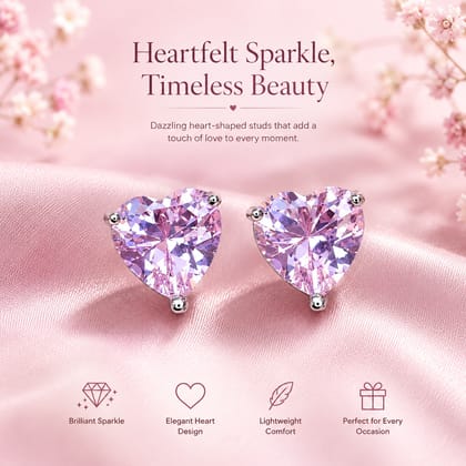 Dazzling Cubic Zirconia Pink Heart Stud Earrings for Women,Teen Girls & Kids Romantic Heart-Shaped Diamond Like Stud Earrings Pair of 1