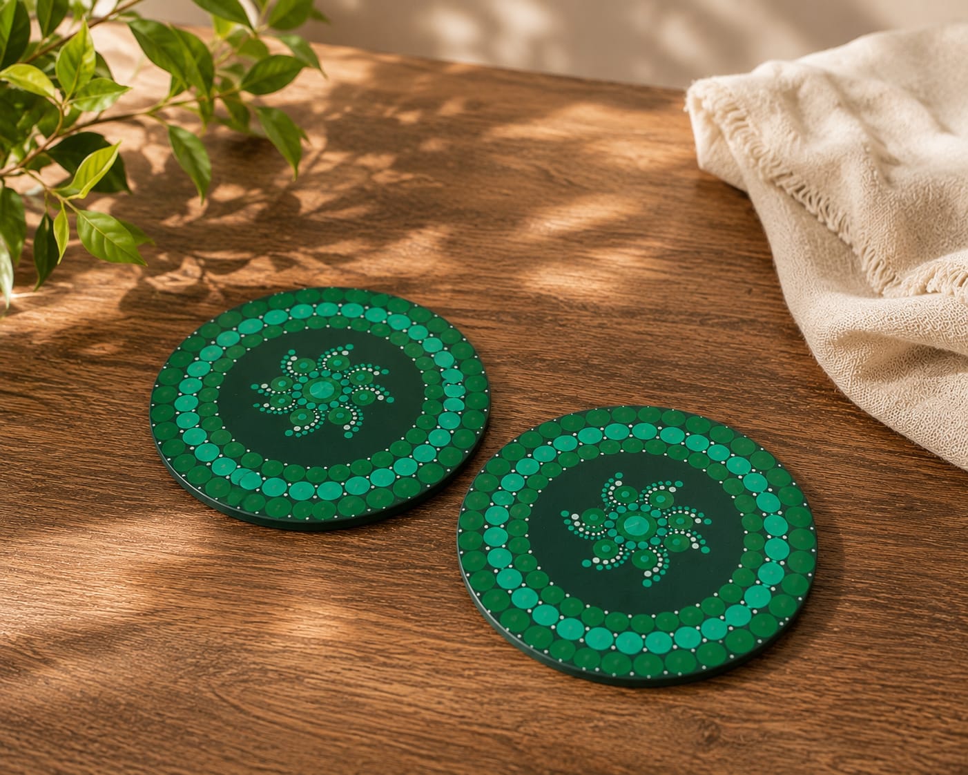 Dot Mandala Painted Green MDF Coasters - Set of 2