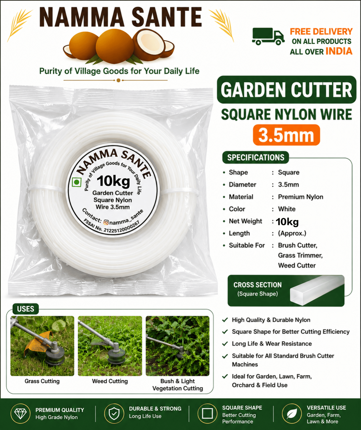 Garden Cutter Square Nylon Wire 3.5mm 10kg
