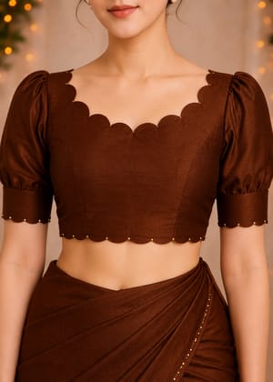 Women's Scalloped Backless Brown Puff Sleeve Saree Blouse Women's Scalloped Backless Brown Puff Sleeve Saree Blouse