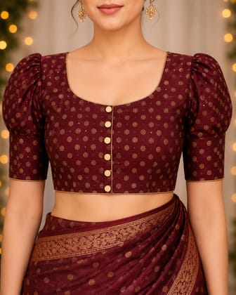 Maroon Brocade Puff Sleeve Backless Saree Blouse Maroon Brocade Puff Sleeve Backless Saree Blouse