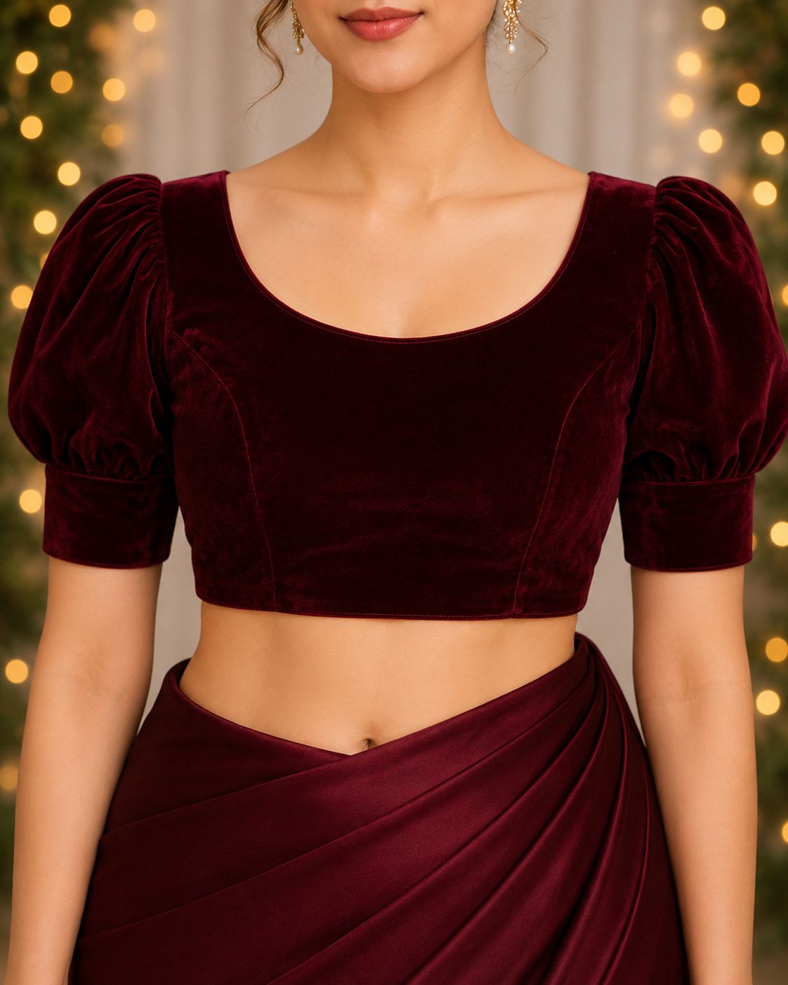 Maroon Velvet Puff Sleeve Backless Saree Blouse