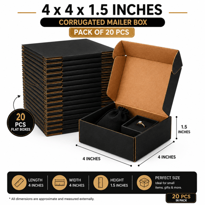 Prockage Corrugated Paper 3 Ply Black Mailer Box 4 x 4 x 1.5 Inches Small Packaging Box, Brown Kraft Inside, Shipping & Gift Box for Jewelry, Accessories, Small Business Packaging (Pack of 20 Black)
