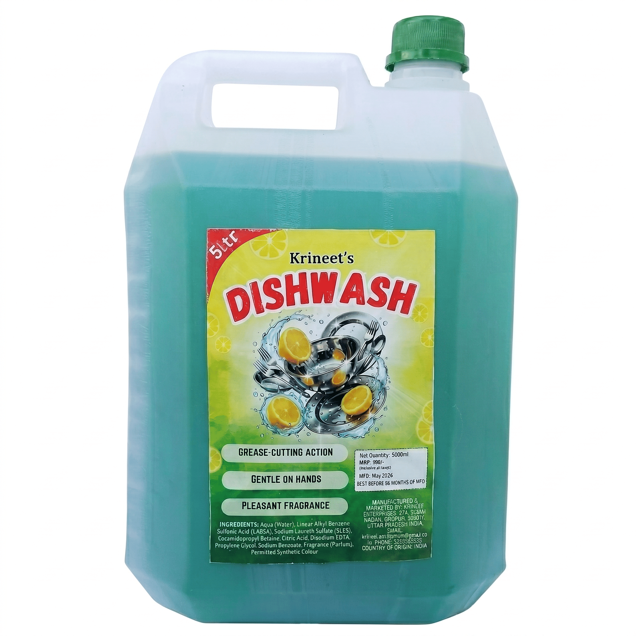 Krineet's Lemon Dishwash Liquid 5 Litre | Powerful Grease Cutter | Removes Oil & Food Residue | Gentle on Hands | Long Lasting Freshness