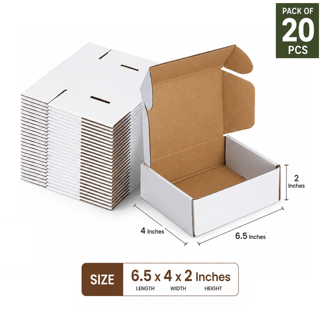 Prockage 6.5x4x2 Inches White Corrugated Mailer Box | Packaging & Shipping Boxes for Small Business | Foldable Cardboard Boxes (Pack of 20)