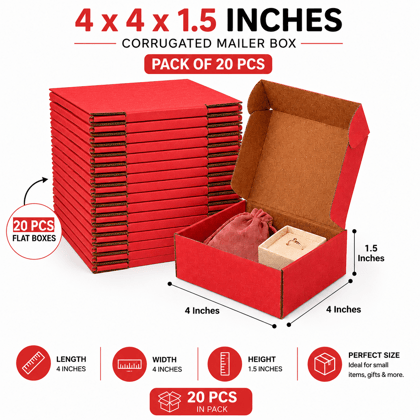 4x4x1.5 Inch Red Corrugated Shipping Boxes Pack of 20 | Small Mailer Boxes for Gift, Jewellery & Ecommerce Packaging