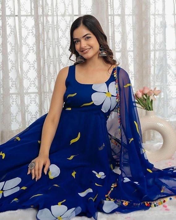 Women's Navy Blue Long Length Frock with Floral Print
