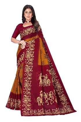 Women's Maroon & Mustard Art Silk Saree with Warli Print Women's Maroon & Mustard Art Silk Saree with Warli Print