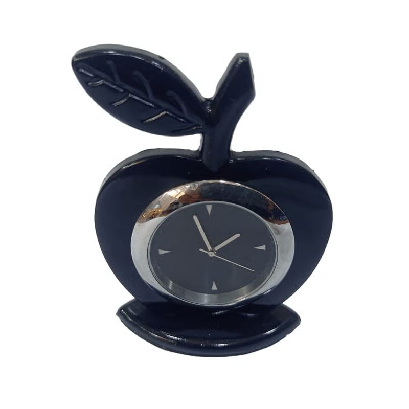 Black Apple-Shaped Table Clock With Silver Dial