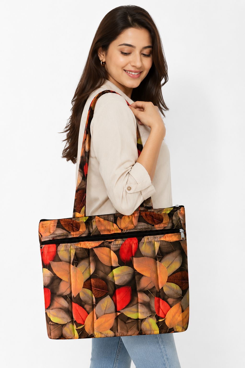 Women's Leaf Print Multicolour Tote Bag